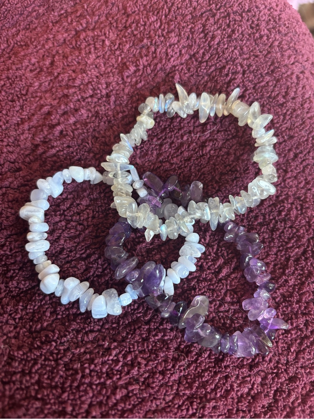Set of 3 crystal chip bracelets - labradorite, amethyst, blue lace agate
